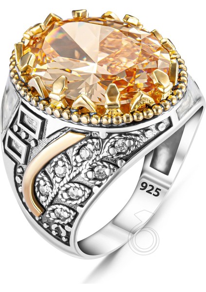 925 Ayar Gümüş Turuncu Sitrin Taşlı Mineli Erkek Yüzük fiyatları