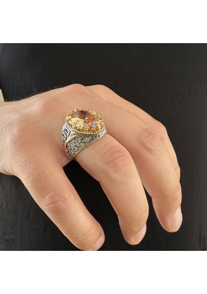 925 Ayar Gümüş Turuncu Sitrin Taşlı Mineli Erkek Yüzük modelleri