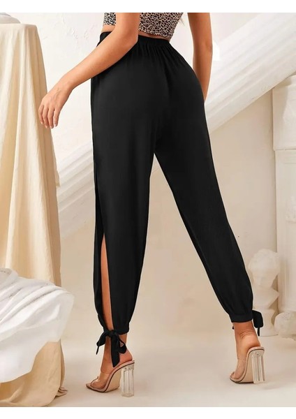 Grip&hug Kadın Beli Lastikli Bağcıklı Yanları Yırtmaç Detaylı Bilekten Bağcıklı Viskon Pantolon