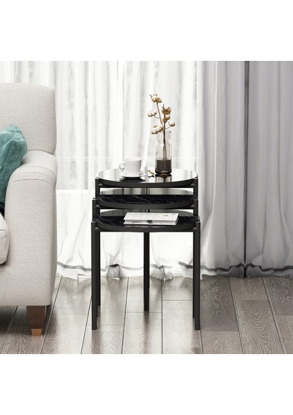 Sunny 3 Lü Metal Zigon Sehpa Siyah Mermer