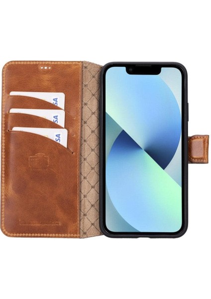 iPhone 11 Pro Max Uyumlu Cüzdanlı Hakiki Deri Kılıf - Parlak Turuncu