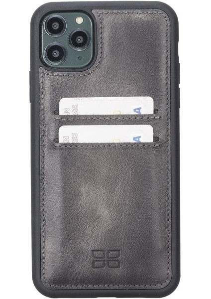 El Yapımı Deri iPhone 11 Arka Kapak - Kartlıklı, Minimalist, Hakiki Deri Telefon Cüzdanı - Gri