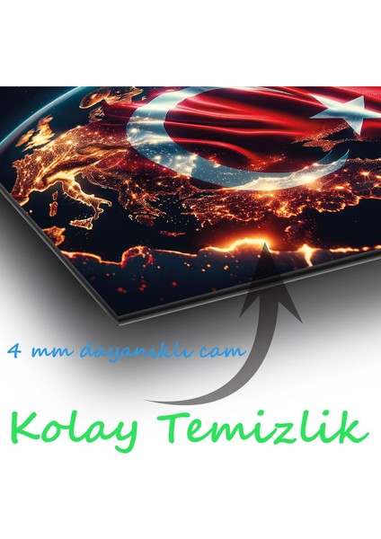 Türk Bayrağı ve Dünya Yatay Cam Tablo, Modern Ev Ofis Salon Duvar Dekoru Hediyelik Büyük Tablo Dekor