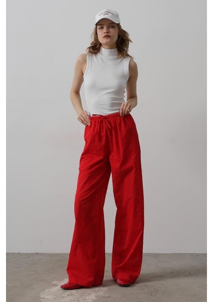 Beli Bağlamalı Brode Pantolon - Kırmızı