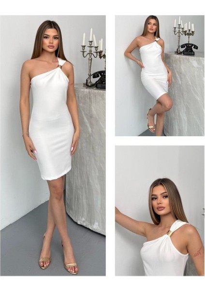 Kadın Ottoman Kumaş Tek Omuz Askılı Toka Detaylı Mini Boy Elbise