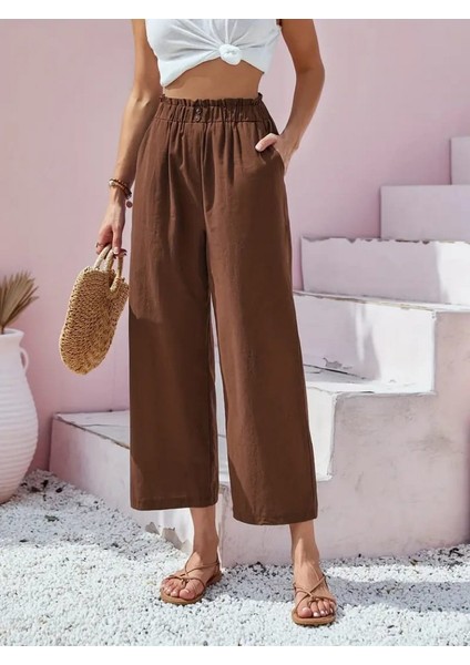 Grip&hug Kadın Bel Büzgü ve Düğme Detay Kapri Keten Pantolon