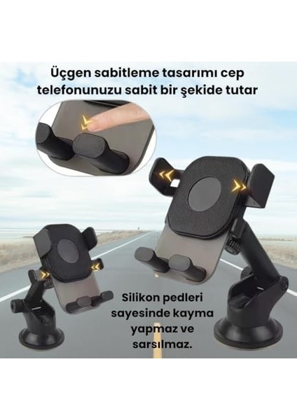 Vantuzlu Torpido Üstü ve Cam Için Araç Içi Telefon Tutucu, Teleskopik Ayarlanabilir Döner Başlık