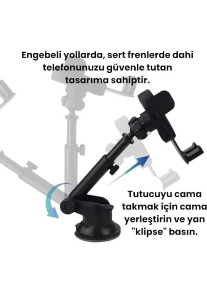 Vantuzlu Torpido Üstü ve Cam Için Araç Içi Telefon Tutucu, Teleskopik Ayarlanabilir Döner Başlık