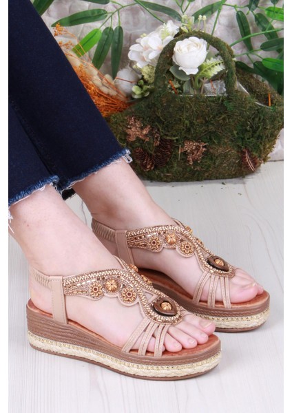 Gizem Anatomik Rahat Taban Taşlı Boncuklu Lastikli Kadın Sandalet