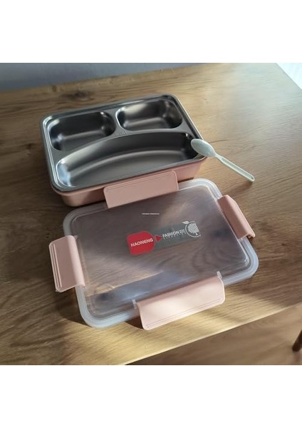 Hybrid Bento Box 900 ml - Bpa'sız Plastik Gövde, 3 Bölmeli Paslanmaz Çelik Çok Amaçlı Lunch Box 2344 (Pembe)