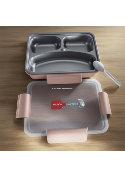 Hybrid Bento Box 900 ml - Bpa'sız Plastik Gövde, 3 Bölmeli Paslanmaz Çelik Çok Amaçlı Lunch Box 2344 (Pembe)