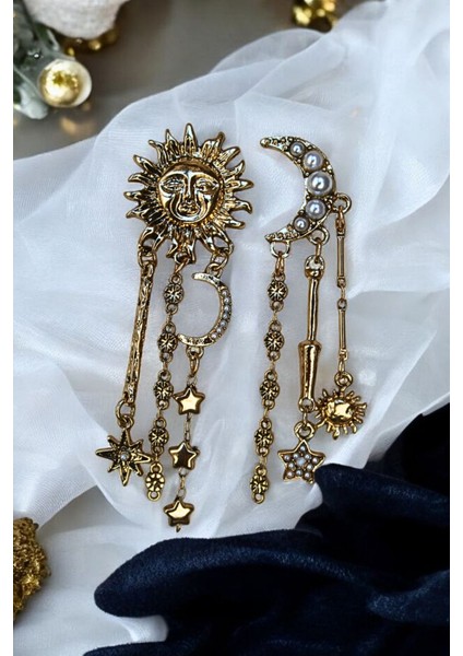 Vintage Inci Detaylı Sallantılı Güneş Ay ve Yıldız Küpe fiyatları
