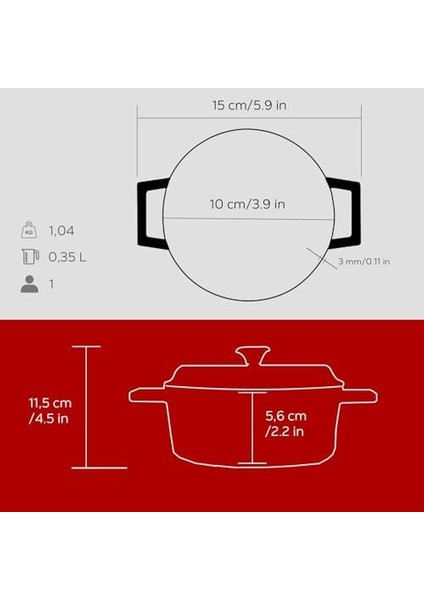 Metal Döküm Mini Tencere, 10 Cm, 0.35 L Hacim, Kırmızı