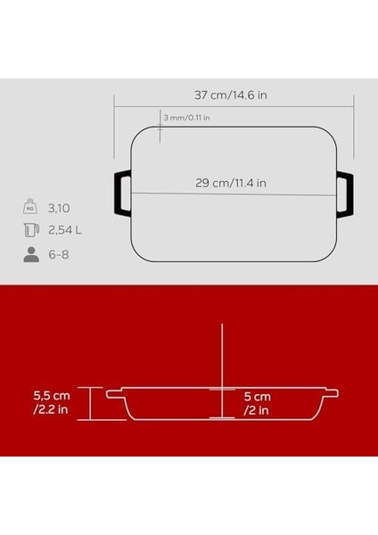 Döküm Tepsi Dikdörtgen 22 * 30 Kırmızı