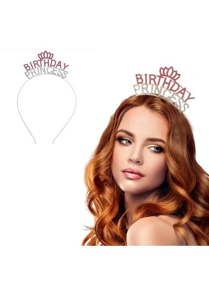 Kristal Taşlı Birthday Princess Yazılı Parti Tacı Pembe Renk