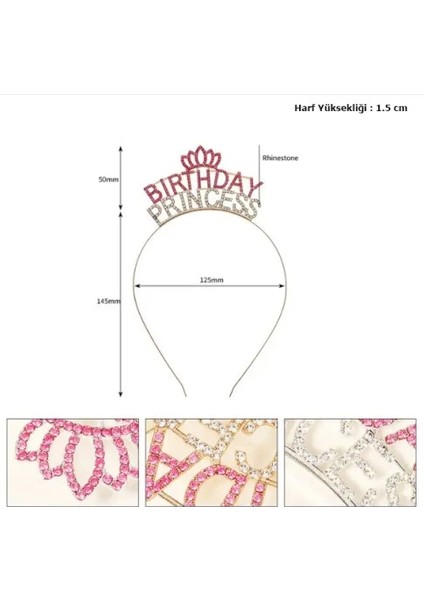 Kristal Taşlı Birthday Princess Yazılı Parti Tacı Pembe Renk