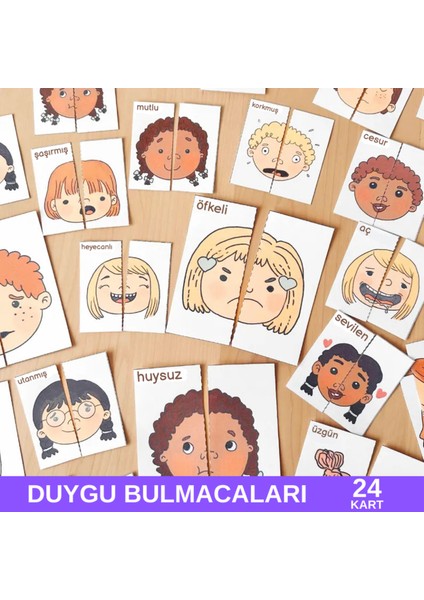 Duygu Bulmacaları (24 Kart), Okul Öncesi Duyguları Öğreten, Eğlenceli, Iki Parçalı Eşleştirme.