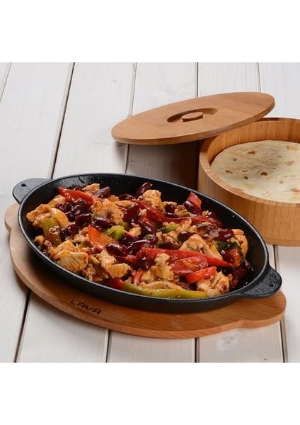 Pişirme Kabı Lv Eco Ft 1824 T10 K4 Fajita Plaka, Oval, Integral Metal ve Ahşap Plaka, Ölçüler 18 x 24 Cm, Dökme Demir, Siyah