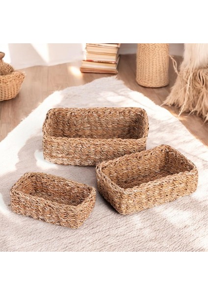 3'lü Rustik El Yapımı Doğal Dikdörtgen Hasır Düzenleyici Seti | 3'lü Hasır Dikdörtgen Organizer Seti - Dekoratif, Çok Amaçlı ve Dayanıklı Rattan Sepetler (32X20X12cm - 27X17X10cm - 22X14X8cm)