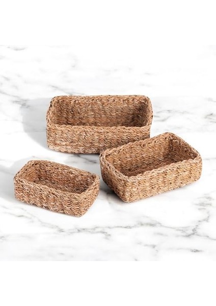 3'lü Rustik El Yapımı Doğal Dikdörtgen Hasır Düzenleyici Seti | 3'lü Hasır Dikdörtgen Organizer Seti - Dekoratif, Çok Amaçlı ve Dayanıklı Rattan Sepetler (32X20X12cm - 27X17X10cm - 22X14X8cm)