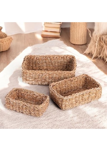 3'lü Rustik El Yapımı Doğal Dikdörtgen Hasır Düzenleyici Seti | 3'lü Hasır Dikdörtgen Organizer Seti - Dekoratif, Çok Amaçlı ve Dayanıklı Rattan Sepetler (32X20X12cm - 27X17X10cm - 22X14X8cm)