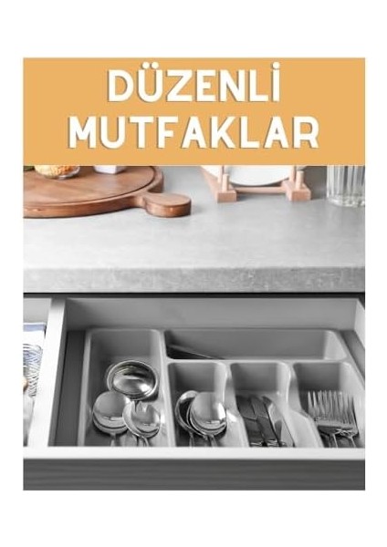 5 Bölme Çekmece Içi Kaşıklık Organizer Çatal Kaşık Bıçak Düzenleyici Pratik Kepçe 33X35 cm Gri Renk