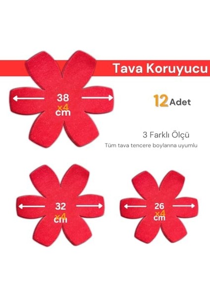 12'li Set Tava Tencere Koruyucu ve Düzenleyici Keçesi Kırmızı