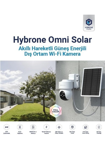 Omni Solar Dış Ortam Bataryalı ve Güneş Enerjili Wi-Fi Akıllı Kamera, Renkli Gece Görüşü, 360 Derece Görüntüleme, Insan Algılama, Siren