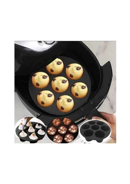 Airfryer Silikon 7'li Muffin Kek Kalıbı - Kek ve Çörek Pişirme Kabı Silikon Kalıp Siyah - (Bpa Free)