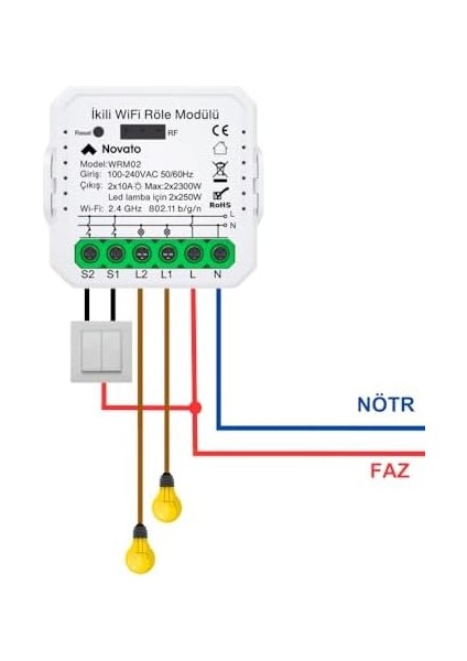 Tuya Uyumlu Akıllı Anahtar Modülü, Çift Çıkışlı, Anahtar Girişli, 2X10A - 220V Röle, Google Asistan ve Alexa Destekli
