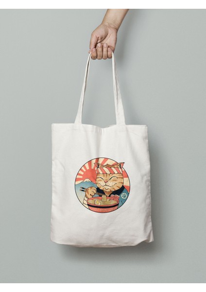 Ramen Yiyen Kedi Sevimli Bez Çanta 35X40CM - Anime Çanta - Tote Bag
