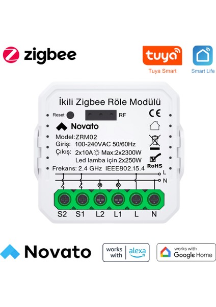 Tuya Uyumlu Zigbee Çift Çıkışlı Akıllı Anahtar (10A - 220V Röle) Anahtar Girişli, Google Asistan, Alexa Home Assistant Zigbee2MQTT ZHA Destekli Switch
