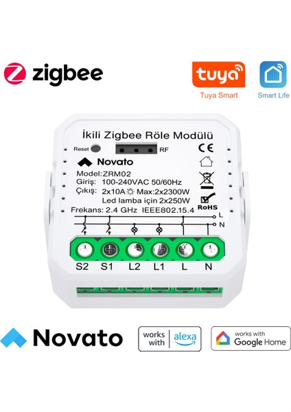 Tuya Uyumlu Zigbee Çift Çıkışlı Akıllı Anahtar (10A - 220V Röle) Anahtar Girişli, Google Asistan, Alexa Home Assistant Zigbee2MQTT ZHA Destekli Switch