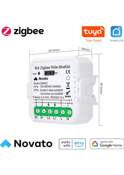 Tuya Uyumlu Zigbee Çift Çıkışlı Akıllı Anahtar (10A - 220V Röle) Anahtar Girişli, Google Asistan, Alexa Home Assistant Zigbee2MQTT ZHA Destekli Switch