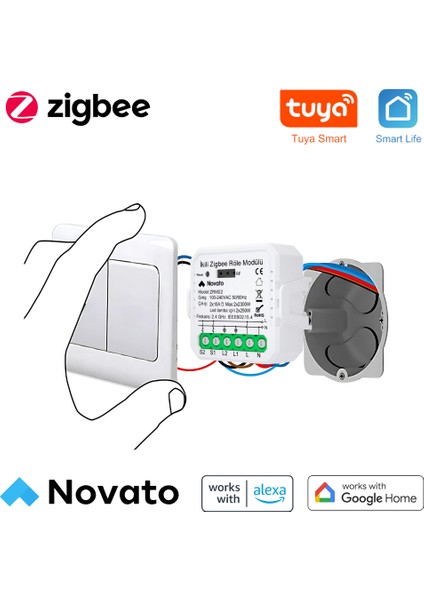 Tuya Uyumlu Zigbee Çift Çıkışlı Akıllı Anahtar (10A - 220V Röle) Anahtar Girişli, Google Asistan, Alexa Home Assistant Zigbee2MQTT ZHA Destekli Switch