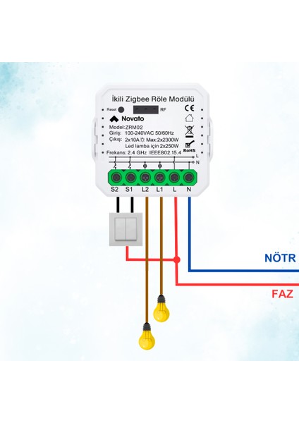 Tuya Uyumlu Zigbee Çift Çıkışlı Akıllı Anahtar (10A - 220V Röle) Anahtar Girişli, Google Asistan, Alexa Home Assistant Zigbee2MQTT ZHA Destekli Switch