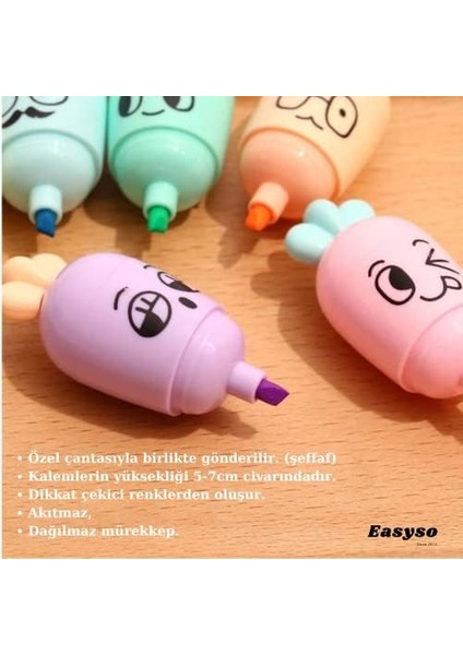 Fosforlu Kalem 6 Lı Mini Boy Pastel Renkler Havuç Yüz Ifadeli Işaretleme Kalemi, Çok Renkli