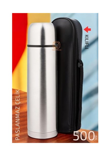 Çelik Kılıflı Termos 500 ml Deri Kılıflı Çelik Matara