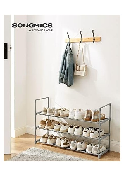 3 Katmanlı Ayakkabı Rafı, Ayakkabı Saklama Düzenleyici, Metal Saklama Rafı, 12 Ile 15 Çift Ayakkabıya Uygun, 30,5 x 92 x 55 Cm, Gri LSA303G01