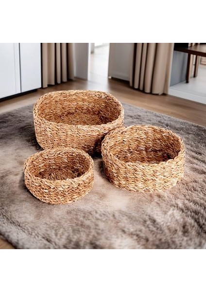 3'lü Rustik El Yapımı Doğal Yuvarlak Hasır Düzenleyici Seti | 3'lü Hasır Yuvarlak Organizer Seti - Dekoratif, Çok Amaçlı ve Dayanıklı Rattan Sepetler (30X30X12cm - 25X25X10cm - 20X20X8cm)