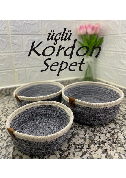 Kılçıllı Gri Jut Ip Hasır Sepet 3'lü Düzenleyici Organizer Dekoratif Sepet
