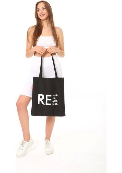 Baghashtag Siyah Bez Çanta Reduce Reuse Recycle Repat Baskılı