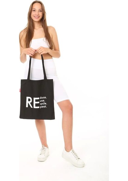 Baghashtag Siyah Bez Çanta Reduce Reuse Recycle Repat Baskılı