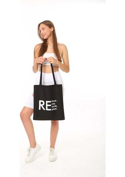 Baghashtag Siyah Bez Çanta Reduce Reuse Recycle Repat Baskılı