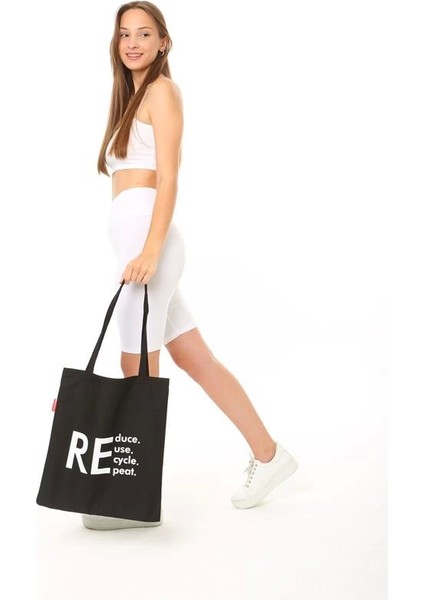 Baghashtag Siyah Bez Çanta Reduce Reuse Recycle Repat Baskılı
