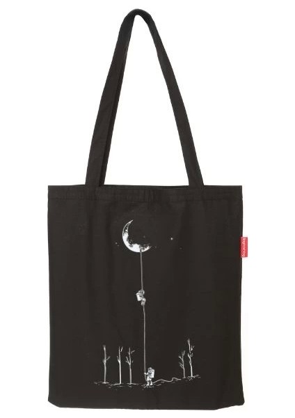 Baghashtag Aydan Inen Astronot Baskılı Siyah Bez Çanta