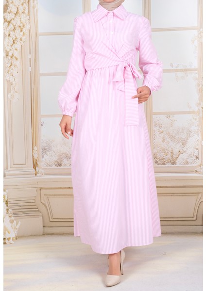 Tesettür Bağlama Detaylı Çizgili Elbise