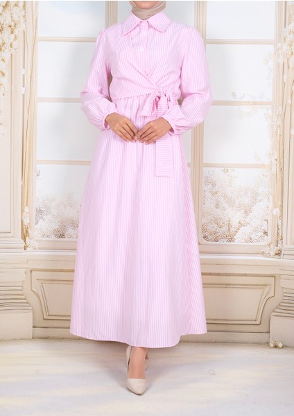 Tesettür Bağlama Detaylı Çizgili Elbise fiyatları