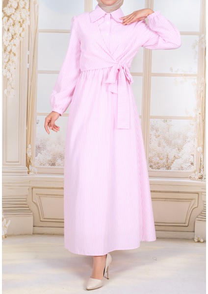 Tesettür Bağlama Detaylı Çizgili Elbise modelleri