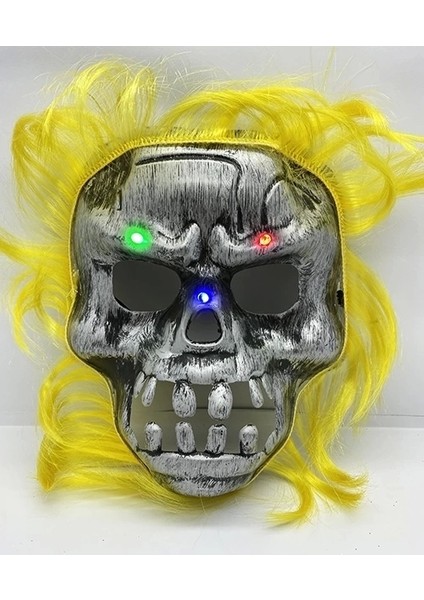 Sarı Saçlı LED Işıklı Kuru Kafa Iskelet Korku Maskesi 22 x 25 cm